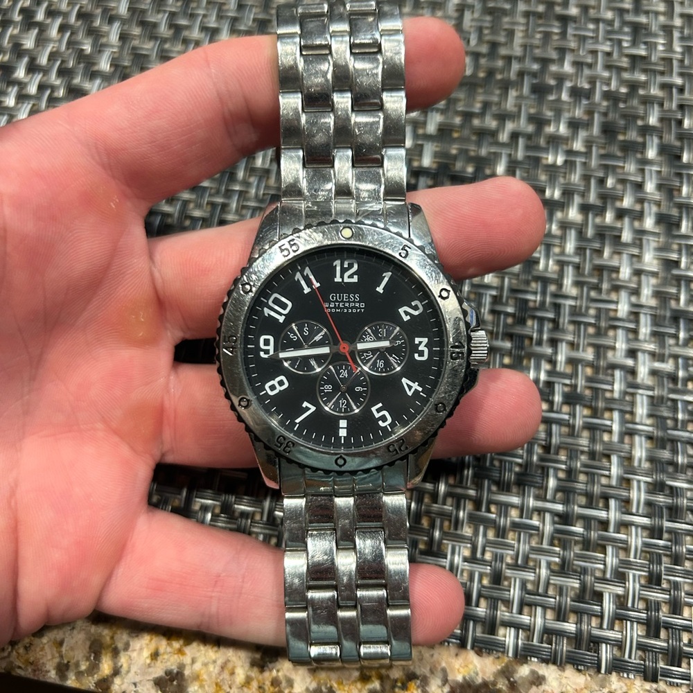 Guess Black Dial Silver Band Watch